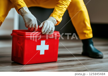 Gloved Hand Reaching for Emergency First Aid Kit in Bright Yellow Suit 125845484