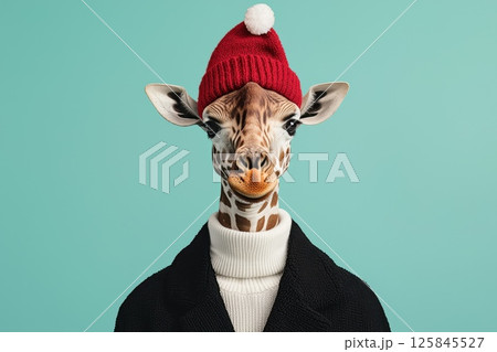 Stylish Giraffe on Runway Wearing Red Knit Hat 125845527