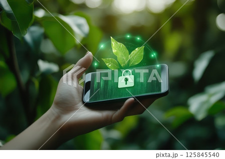 Digital Security Concept with Green Plant and Smartphone Display 125845540