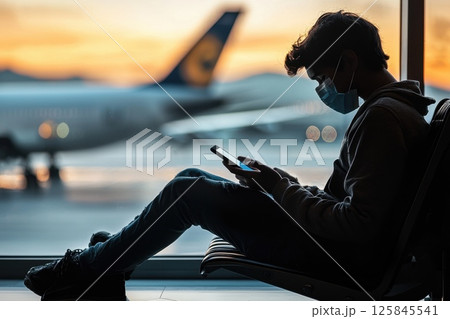 Late Night Scene of a Young Traveler in an Airport Lounge with a Mobile Device 125845541