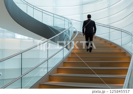 Confident Businessman Walking Up an Elegant Staircase in Modern Architectural Setting Confident Businessman Walking Up an Elegant Staircase in Modern Architectural Setting 125845557