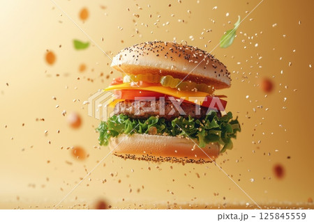 Floating Burger with Vibrant Layers of Ingredients 125845559