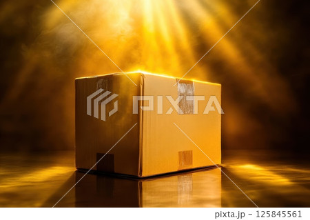 Illuminated cardboard box on reflective surface with dramatic lighting and smoky background 125845561