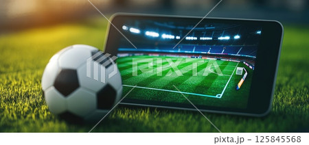 A mobile phone and laptop screen showing a virtual soccer field with live betting odds 125845568