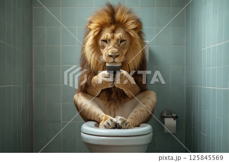Lion Sitting Relaxed on Toilet Playing with Phone 125845569