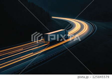 Modern Truck Driving on Abstract Lit Road Modern Truck Driving on Abstract Lit Road 125845579