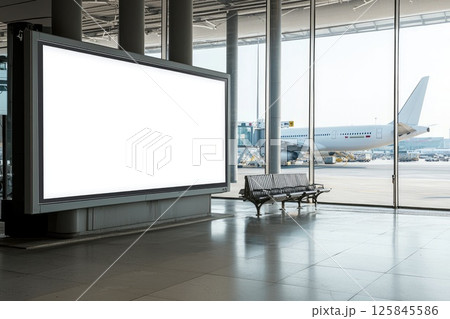 A blank digital advertising screen in an airport terminal featuring a spacious layout 125845586