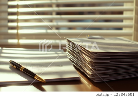 Stack of Documents on Table with Pen and Soft Light Through Window Blinds in Office Setting Stack of Documents on Table with Pen and Soft Light Through Window Blinds in Office Setting 125845601