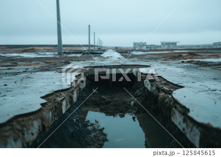 Construction Site with Collapsed Foundation in Foreground Construction Site with Collapsed Foundation in Foreground 125845615