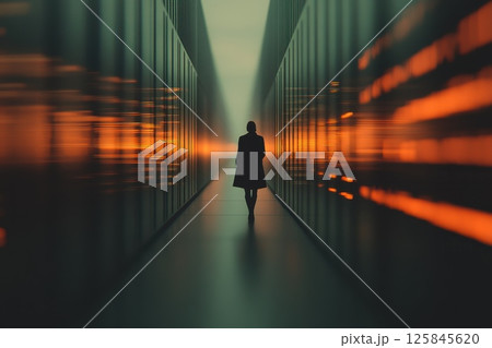 A woman is walking down a long hallway with many windows 125845620