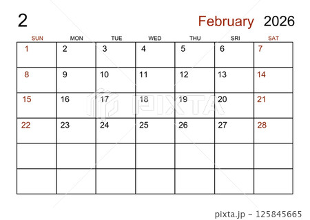 Blank white calendar page for February 2026 year for your appointment. Blank white calendar page for February 2026 year for your appointment. 125845665