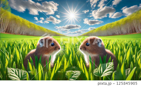 若葉と新緑の草原にエゾナキウサギ 若葉と新緑の草原にエゾナキウサギ 125845905
