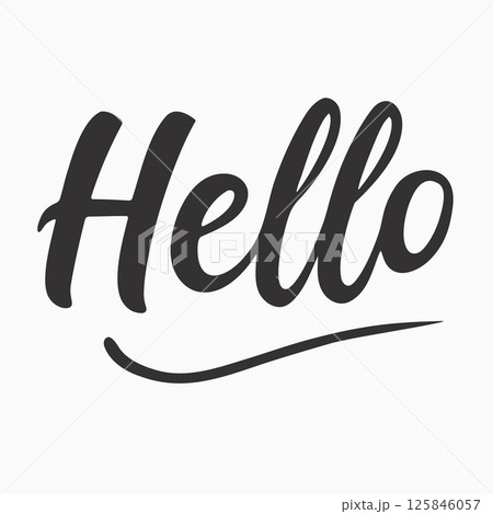 Elegant handwritten hello greeting in black script on white background Elegant handwritten hello greeting in black script on white background 125846057