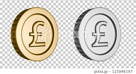 Gold and silver pound coins viewed from the right. 3DCG illustration of transparent coins 125846197