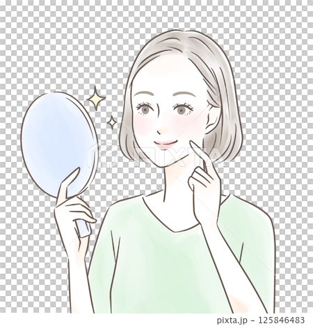 一位女士在手鏡中看著自己美麗的肌膚時,對自己的肌膚印象深刻 一位女士在手鏡中看著自己美麗的肌膚時,對自己的肌膚印象深刻 125846483