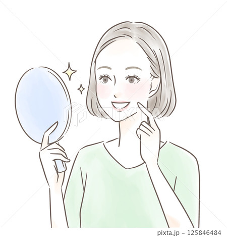 手鏡を見て綺麗な歯に感動する女性 125846484