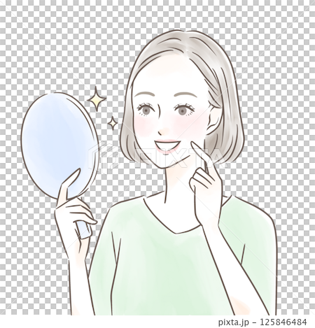 手鏡を見て綺麗な歯に感動する女性 125846484