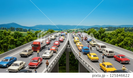 休日の旅行で車が渋滞する道路の風景のミニチュア 125846622