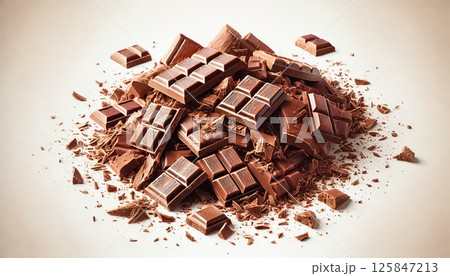 A small pile of crushed plain chocolate bars on a plain white background, with a few chocolate fragments scattered around. The realistic and highly detailed image highlights the texture and appeal of 125847213