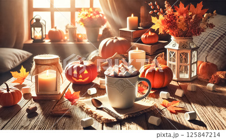 Warm cup of hot chocolate with marshmallows on a rustic wooden table, captured from various angles. Surrounded by autumn leaves, pumpkins, and cozy decorations, the scene is set in a bright and airy 125847214