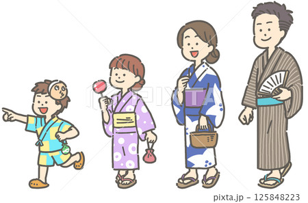 浴衣を着て歩く家族のイラストセット 125848223