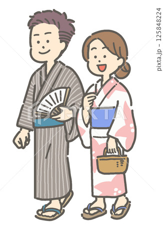 浴衣を着て歩くカップルのイラスト 125848224