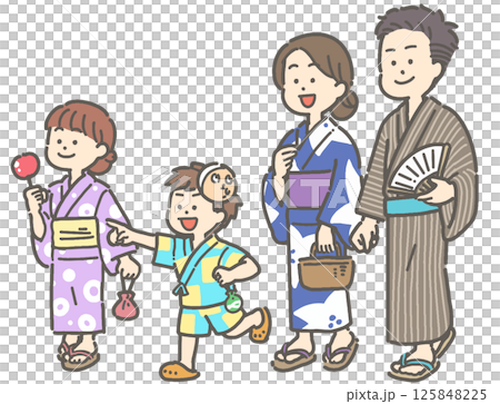 浴衣を着て歩く家族のイラスト 125848225
