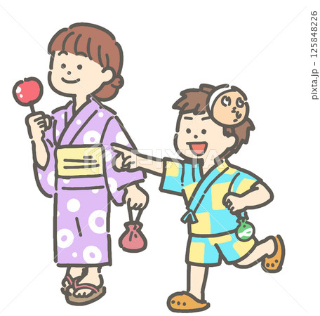 浴衣を着て歩く子どものイラスト 125848226