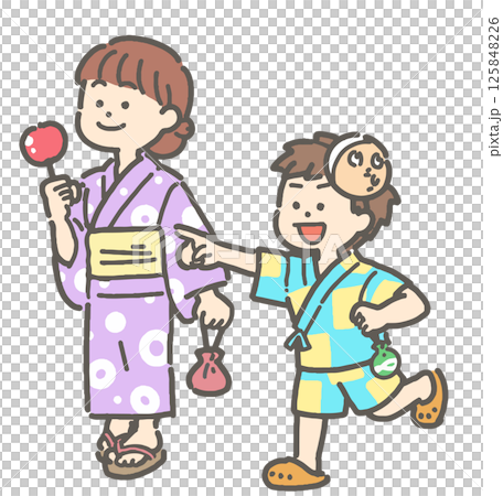 浴衣を着て歩く子どものイラスト 125848226