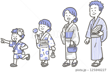 浴衣を着て歩く家族のイラストセット 125848227