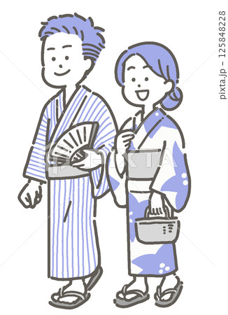 浴衣を着て歩くカップルのイラスト 125848228