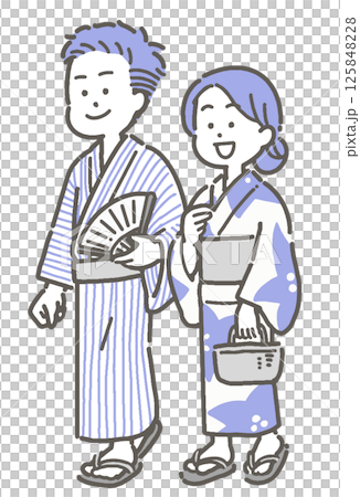 浴衣を着て歩くカップルのイラスト 125848228