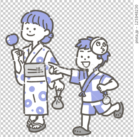 穿著浴衣行走的孩子的插圖 125848230