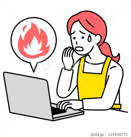 SNSが炎上して困惑しているエプロン姿の女性（ノートパソコン） 125848773