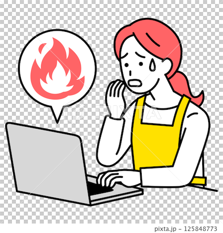 SNSが炎上して困惑しているエプロン姿の女性（ノートパソコン） 125848773