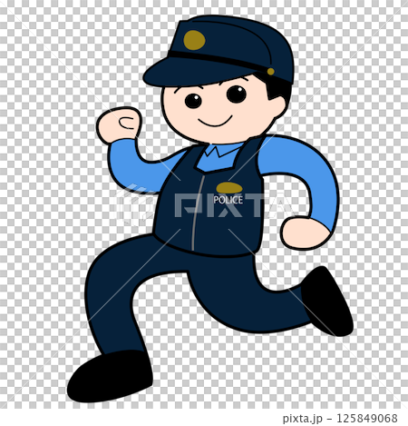 Smiling male police officer running Smiling male police officer running 125849068