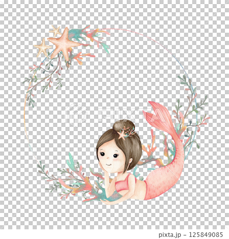 Mermaid little girl, corals, stars, circle frame template. Cute character, children's illustration. Watercolor pastel hand drawn composition isolated from background for invitations, postcards, gift 125849085