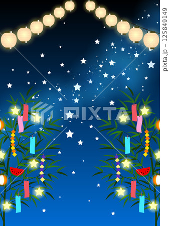 七夕背景、イラスト、かわいい、お祭り、提灯、天の川、縦 七夕背景、イラスト、かわいい、お祭り、提灯、天の川、縦 125849149