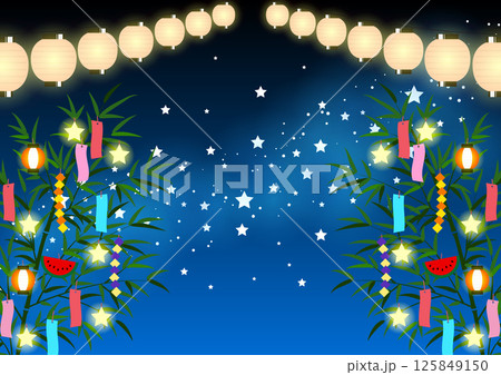 七夕背景、イラスト、かわいい、お祭り、提灯、天の川、横 125849150