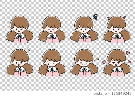 A set of various expressions for women with loose, fluffy hair and frilly collars 125849245