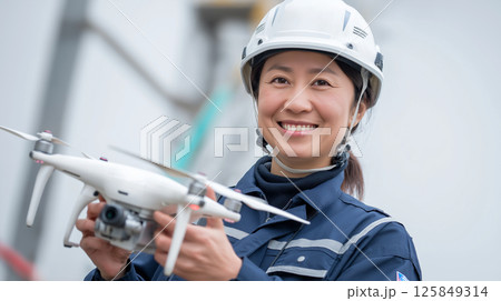 ヘルメットをかぶったドローンを操作する女性 125849314