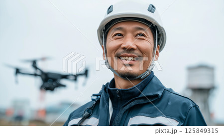 ヘルメットをかぶったドローンを操作する男性 125849315