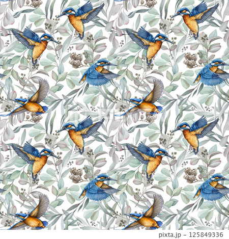 Flying kingfisher birds with eucalyptus leaves decor seamless pattern element. Watercolor hand drawn wildlife illustration. Bright birds on gum tree leafy background seamless pattern 125849336