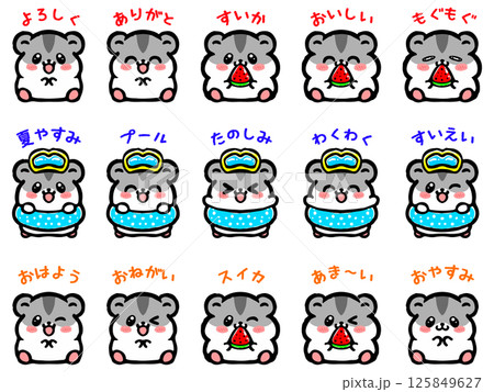 夏のかわいいジャンガリアンハムスターのイラスト素材セット2 125849627