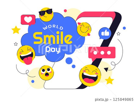 World Smile Day Celebration Vector Illustration Featuring a Smiling Icon, Joyful Emotion and Various Facial Expressions in a Cute and Cheerful Cartoon World Smile Day Celebration Vector Illustration Featuring a Smiling Icon, Joyful Emotion and Various Facial Expressions in a Cute and Cheerful Cartoon 125849865