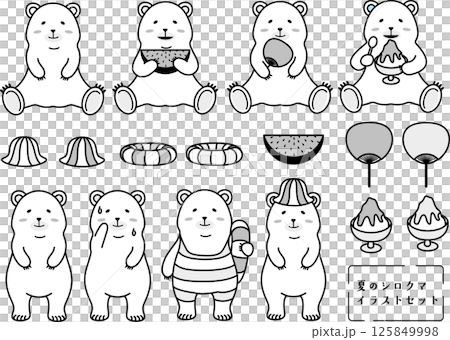 Cute and relaxed polar bear summer material set (monochrome) | Illustration material of shaved ice, watermelon, fan, etc. 125849998