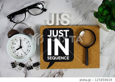 JIS - Just In Sequence acronym with alarm clock and magnifying glass, Business concept background 125850019