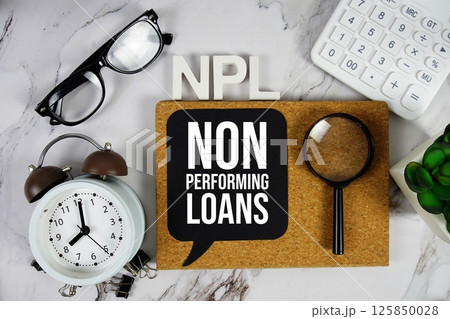 NPL - Non-performing Loans acronym with calculator, alarm clock and magnifying glass, Business concept background 125850028