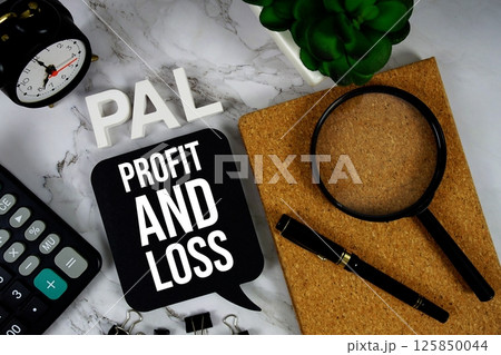 PAL - Profit And Loss acronym with calculator, alarm clock and magnifying glass, business concept background 125850044