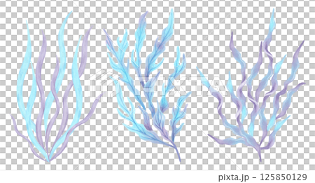 Set of blue violet algae. Watercolor illustrations. Ocean flora plants. Marine clipart of underwater plants. Hand drawn isolated art. For marine theme, cosmetology, spa, children, tourism projects. 125850129